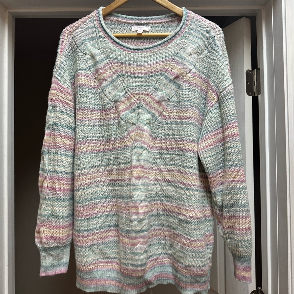 LC Lauren Conrad Pink and Green Crew Neck Sweater Cozy Knit